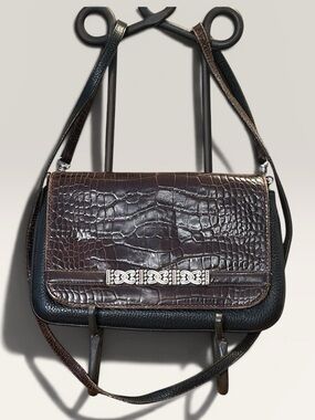 Vintage Brighton Brown Black Croc-Embossed Crossbody Bag with Silver Accent